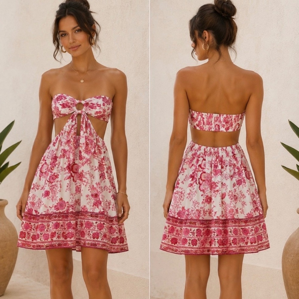 Womens Pink Floral Strapless Cut Out Mini Dress Smocked XS Beach Summer‎ Vacay